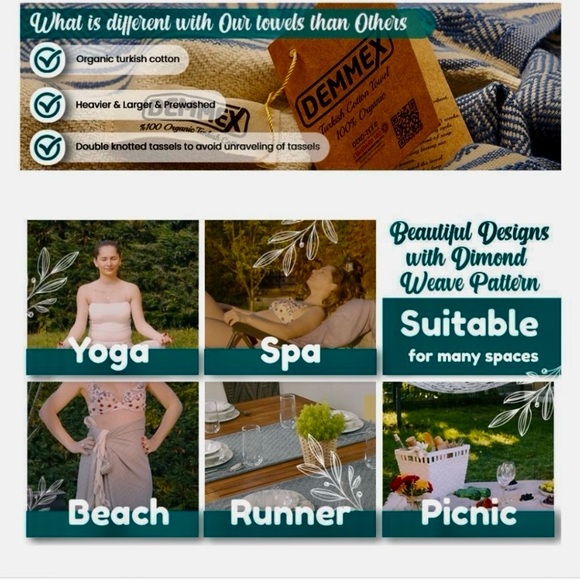 🔥DEMMEX Organic Cotton & Dye Prewashed XL Diamond Weave Turkish Towel🔥 NWOT - Picture 7 of 7